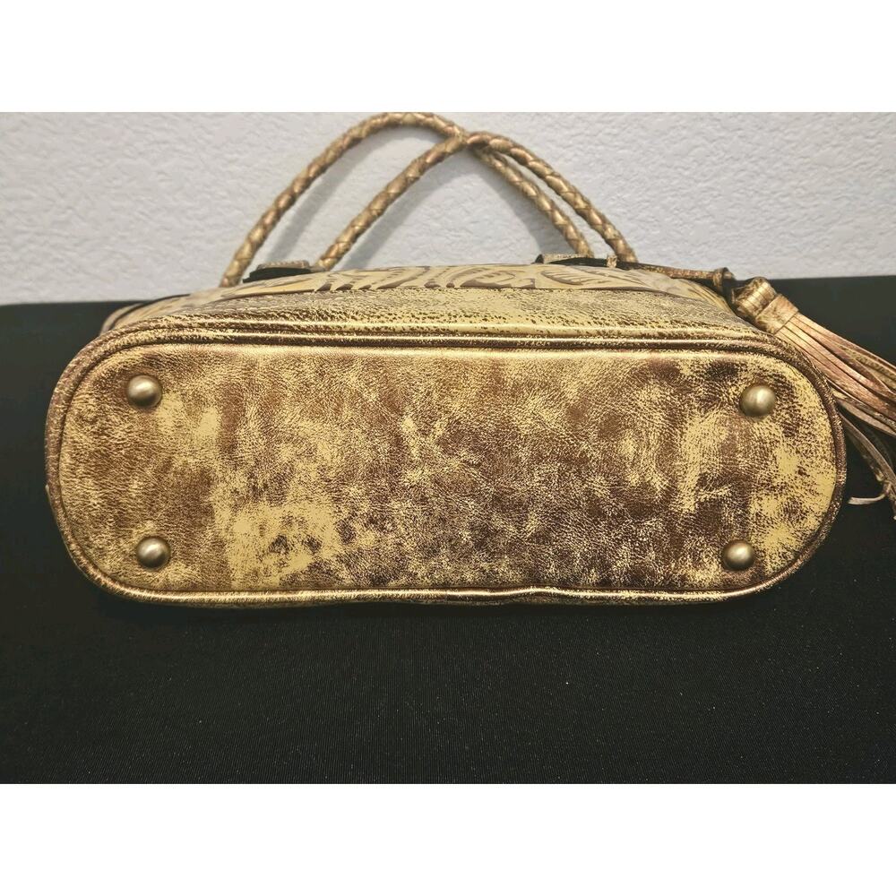 Patricia Nash Burnished Tooled Zorita Satchel Bag Metallic gold finish 14x10x4 - Picture 10 of 15